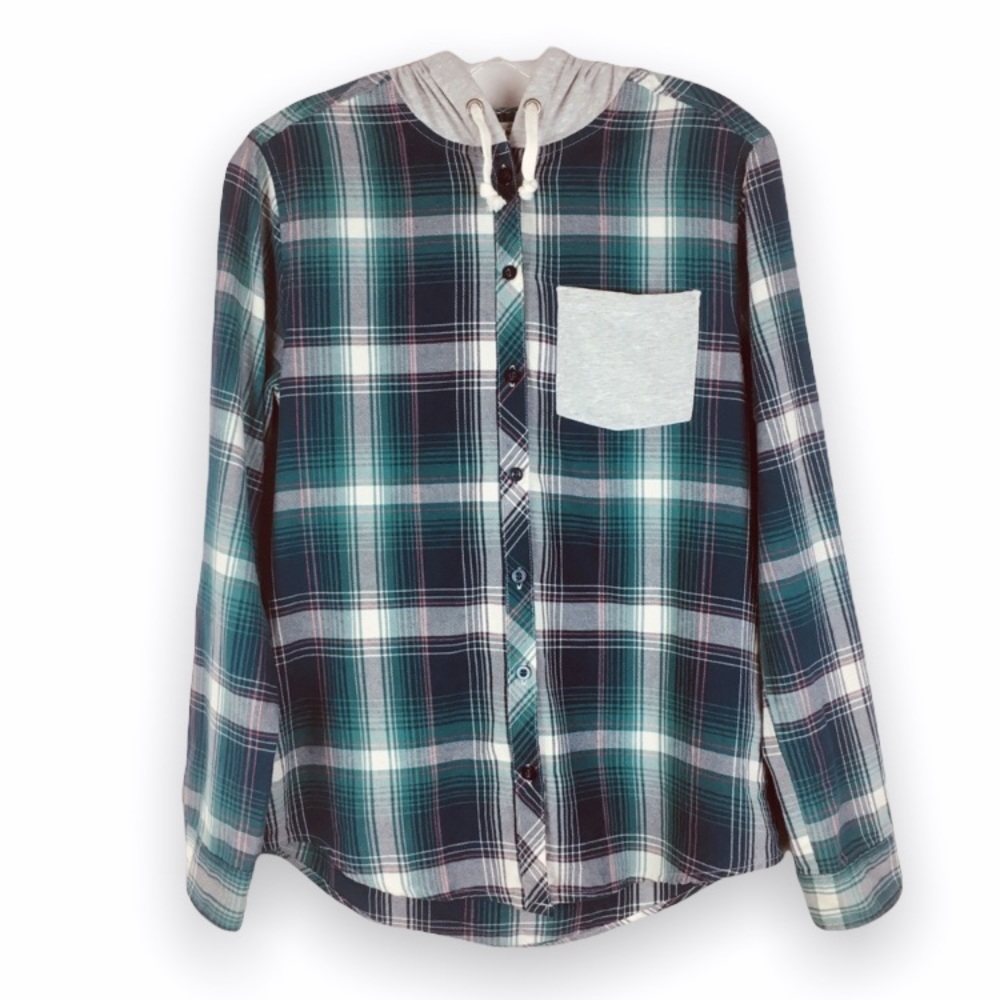 Kirra Vintage Y2K‎ Grunge Indie Sleeze Punk 90s Blue Green Hooded Plaid Flannel